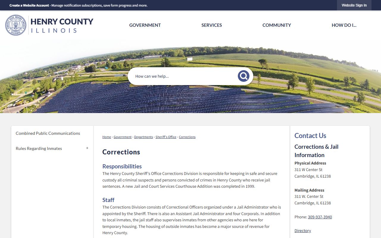 Henry County Jail Corrections Division page showing jail contact and inmate population duties