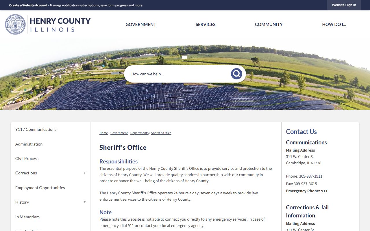 Henry County Sheriff's Office page with FOIA link and contact units for jail inmate records