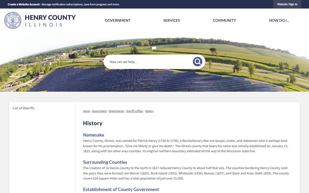 Henry County history page describing the old jail buildings and the 1999 Henry County Jail addition