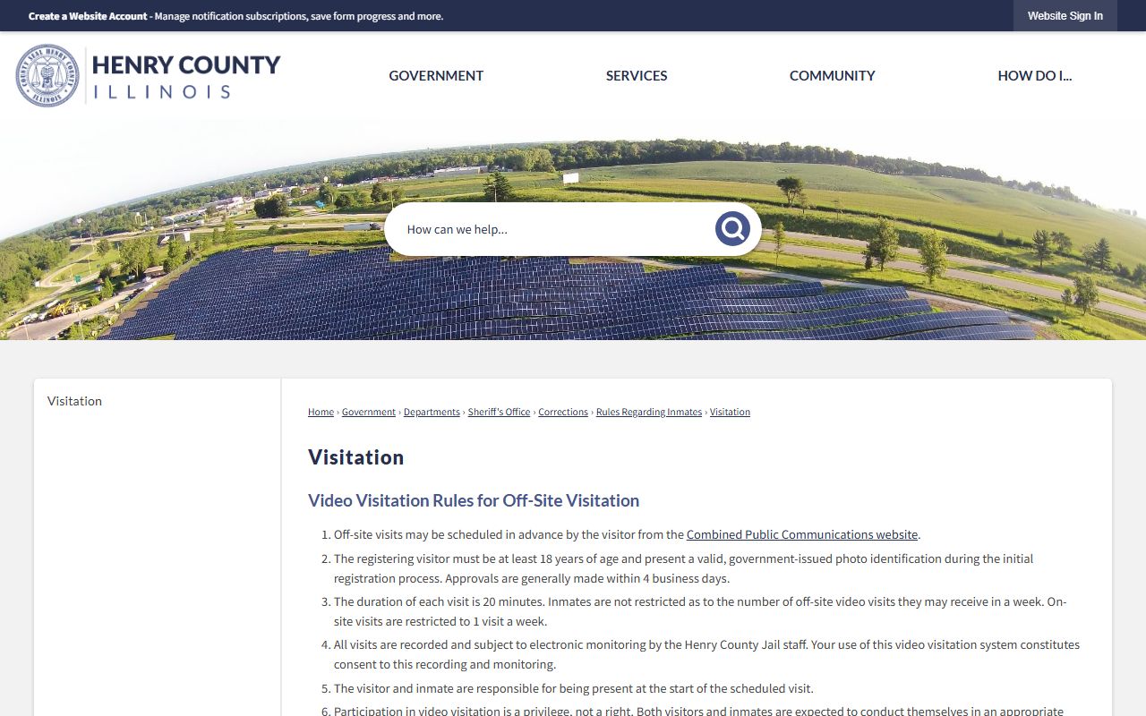 Henry County Jail video visitation page with on-site and off-site schedules and visitor rules