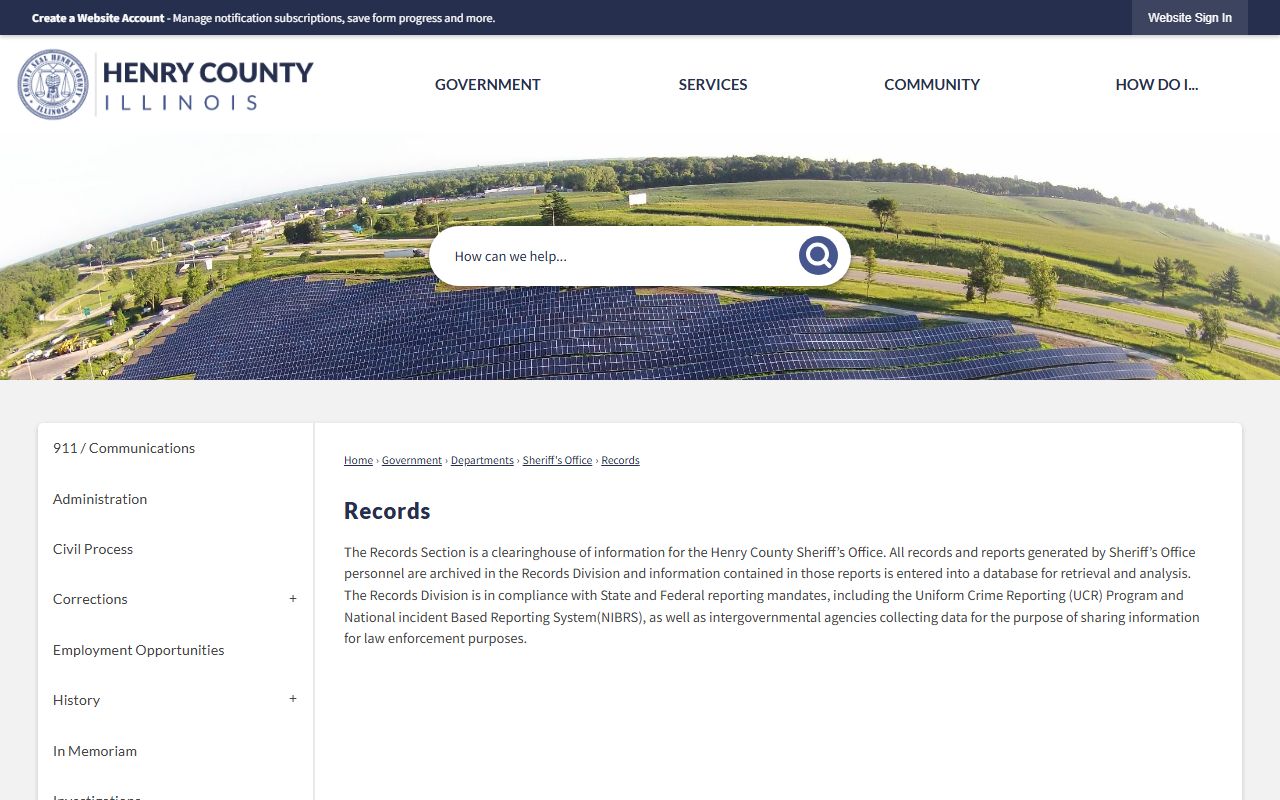 Henry County Sheriff's Records page describing archived reports relevant to booking photo requests