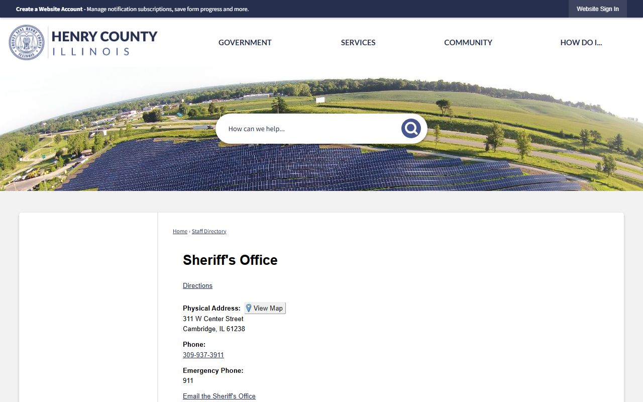 Henry County Sheriff's Office staff directory listing the sheriff, jail administrator, and contact numbers