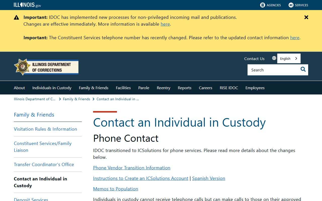 Illinois DOC guidance on phone, mail, and messaging for an individual in custody at Kewanee