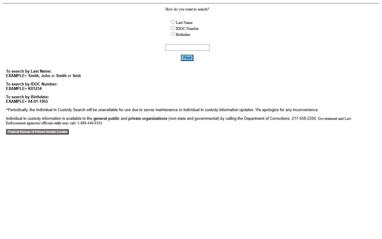 Illinois Department of Corrections inmate search form used for the state prison part of the Henry County inmate population
