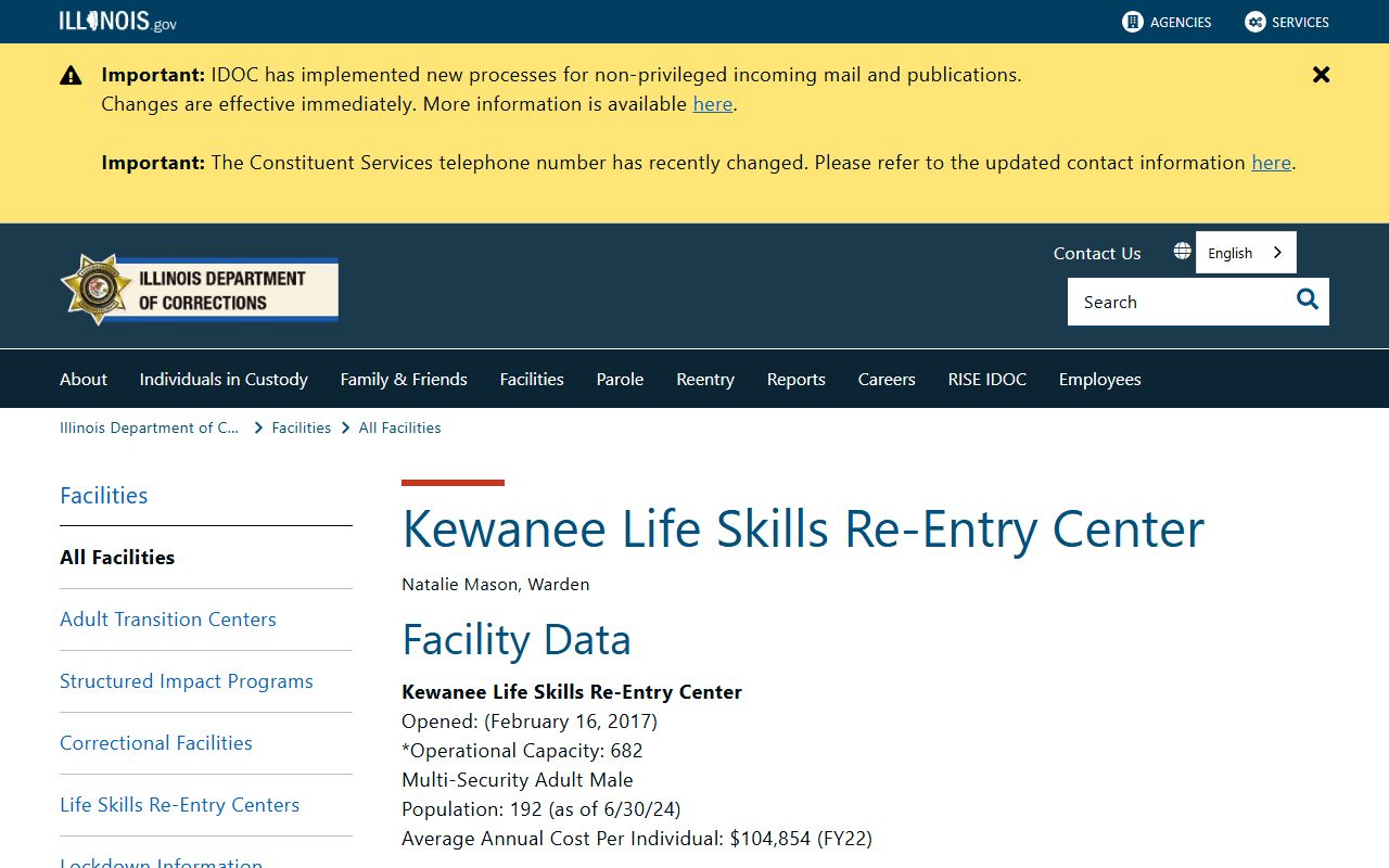 Illinois DOC Kewanee Life Skills Re-Entry Center page with facility data and programs in Henry County